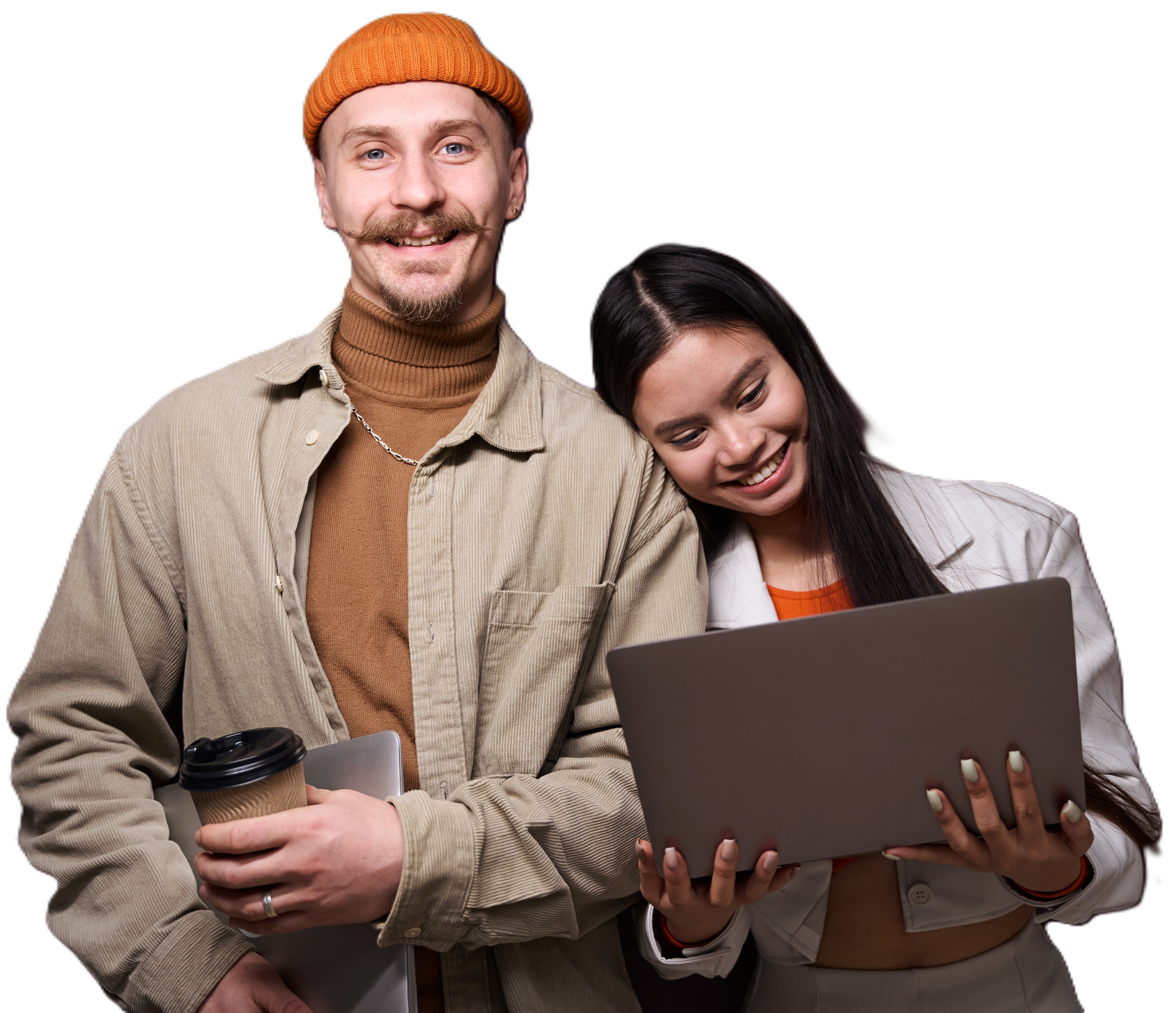 Transparent Crop-background young-couple-posing-for-camera-with-laptop